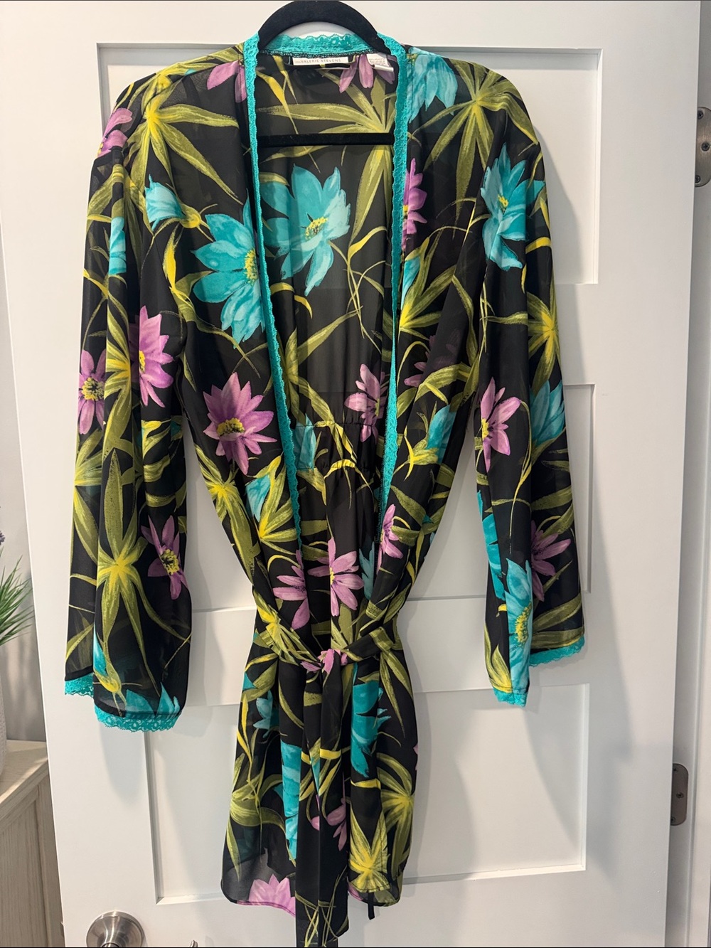Valerie Stevens Black Sheer Floral Robe with Teal & Pink Flowers